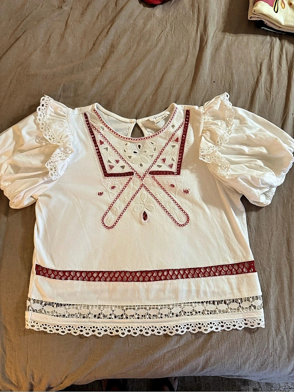 Anthropologie By Anthropologie Puff-Sleeve Embroidered Blouse White & Red Large